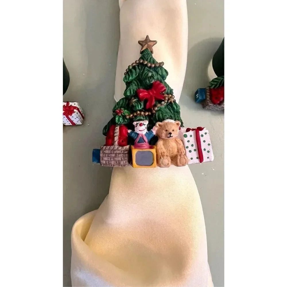 Vintage Hand Painted Christmas Present Teddy Bear Napkin Ring Holders‎ Lot of 5